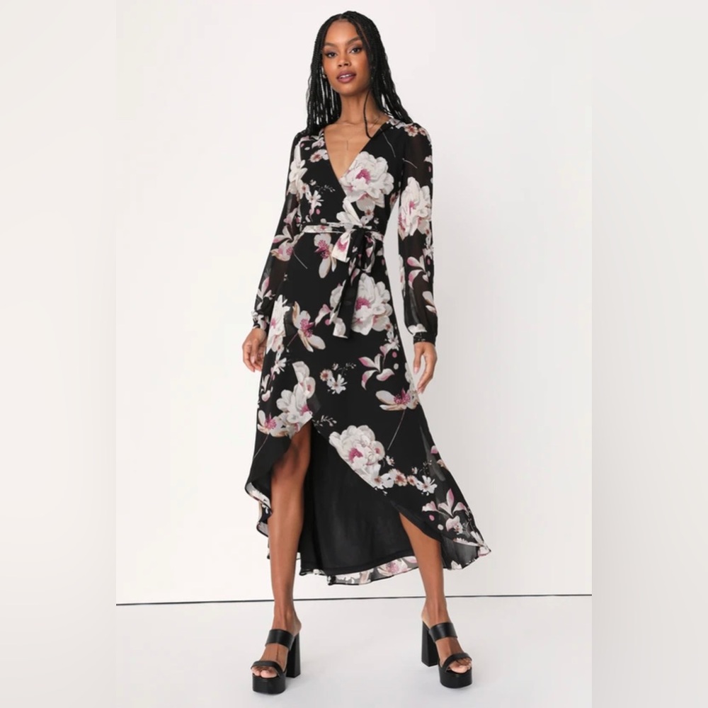 Lulu’s Blissful Thinking Black Floral Print High-Low Wrap Dress